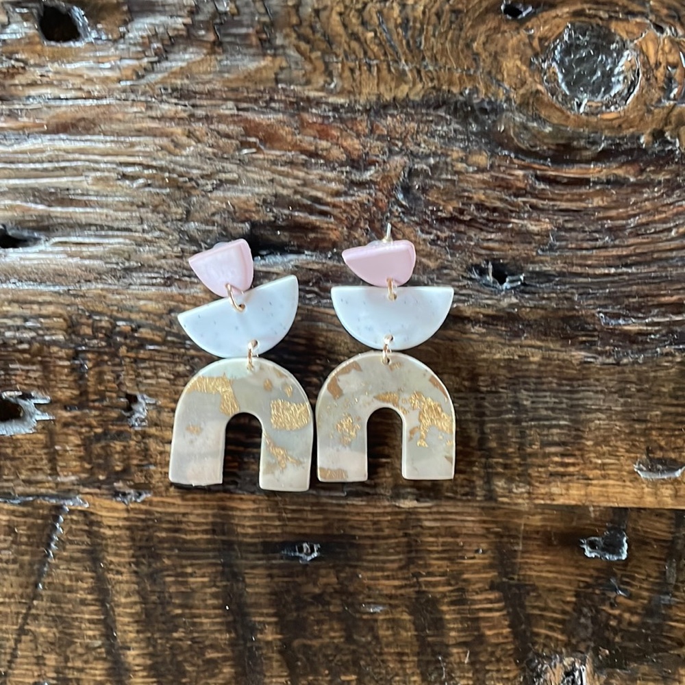 Tan, pink, white earrings